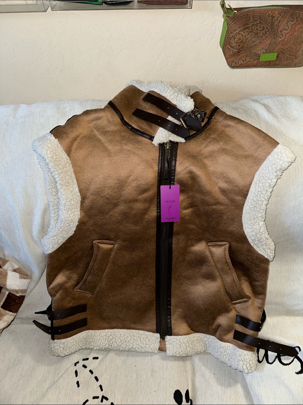 Loveimgs size medium Tan Faux Suede Vest with white Sherpa and buckles New